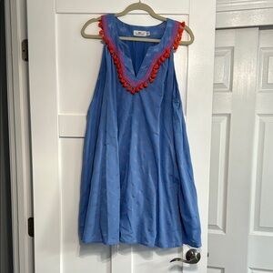 Blue Sleeveless womens Dress with orange tassel Accents
